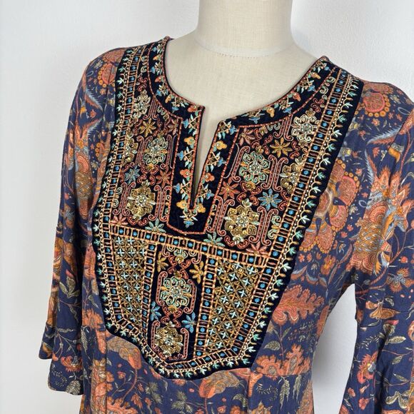 Soft Surroundings Womens Large Split Neck Boho Embroidered Sequins Tunic Top - Picture 2 of 7